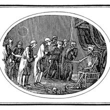 A crowned skeleton sits on a throne and admonishes a group of sickly and crippled men