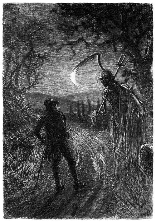 A man walks on a country road at night and meets death round the bend