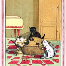 Three kittens eat from the same large pie on the floor of a living room