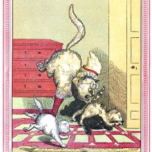 Four cats are chasing a mouse which has run underneath a cupboard