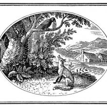 The fox is sitting under the branch where the crow holds a cheese in its beak