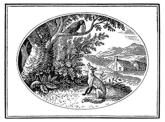 The fox is sitting under the branch where the crow holds a cheese in its beak