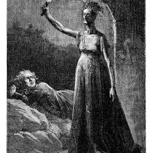 A woman with a wild stare holds a torch above her head as a man lies behind her
