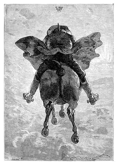 A man is seen from behind riding a horse which flies high above the ground