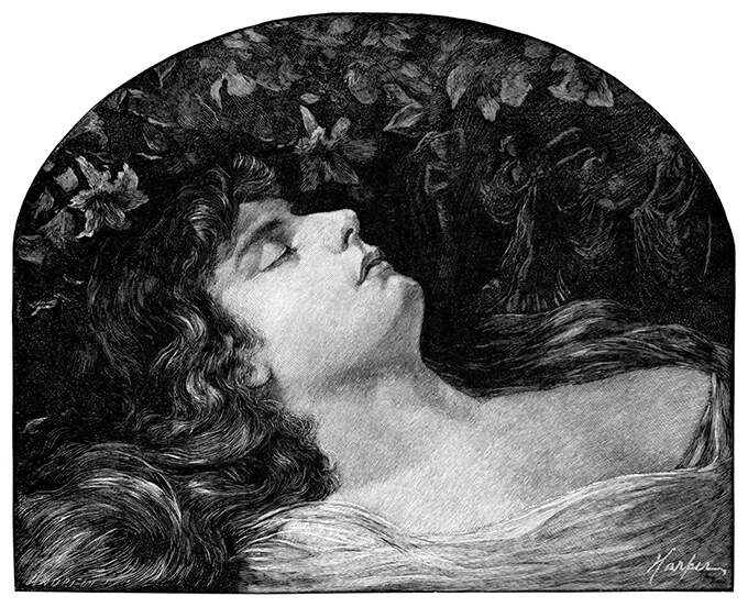 A sleeping woman is seen from the side with flowers hanging over her head