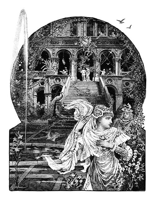 A woman walks away from a man in the outside a palace overgrown with vegetation