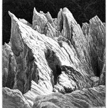 View of the glacier of the Mer de Glace showing icy peaks with ripple marks