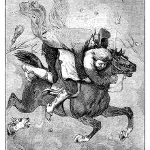 Two men on one horse run away from an invisible mob throwing stones at them