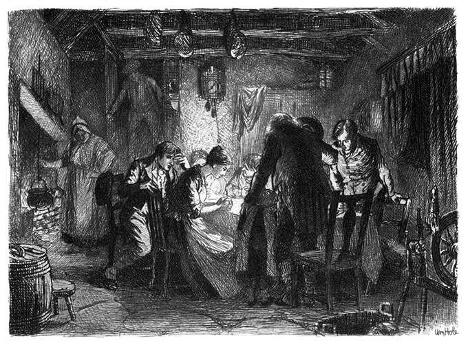 People are gathered round a table in a rustic home late in the evening
