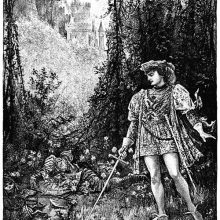 A knight stands on the edge of a wood holding a sword as corpses lie around him