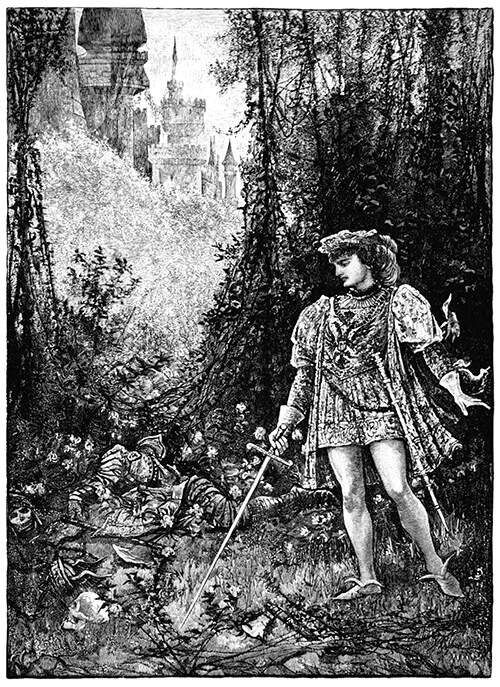 A knight stands on the edge of a wood holding a sword as corpses lie around him