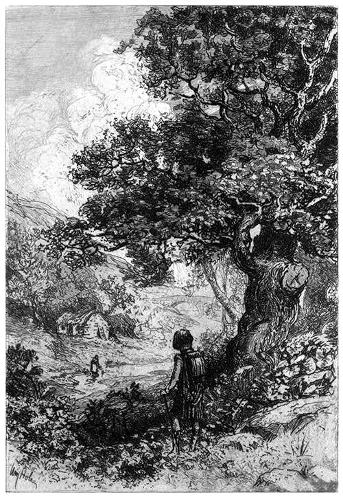 A man pauses under a tree overlooking a valley where a woman stands by the river
