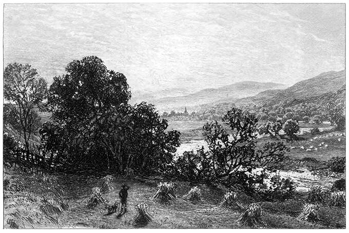 Landscape with a man standing in a field, a clump of trees, and a meandering river