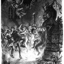 a wild sabbath dance is taking place inside a dilapidated church at night