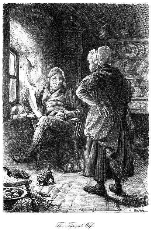 A man in an armchair looks up from his newspaper as his wife plants herself in front of him
