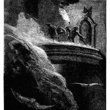 Two men stand by torchlight on a curtain wall and are about to walk through a door