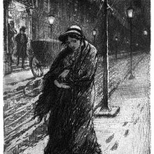A woman is walking down a street in the snowy night with a baby in her arms