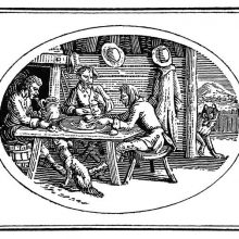 Three men are eating at a table as a wolf passing by the open door peers into the room