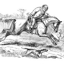 A man riding a galloping horse takes his hat off as a dog runs alongside