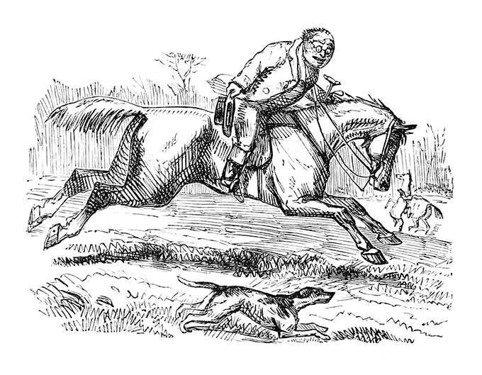 A man riding a galloping horse takes his hat off as a dog runs alongside