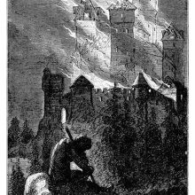 A medieval castle is burning in the night as a man sits forlorn in the foreground