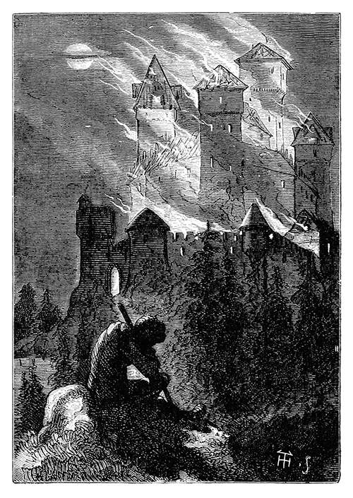 A medieval castle is burning in the night as a man sits forlorn in the foreground