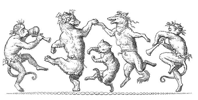 A cat, a bear, and a female wolf dance to the music of an ape and a boy playing the shawm