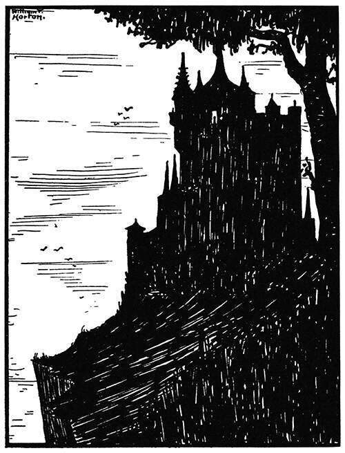 A castle with many towers stands on a cliff, silhouetted against the sky