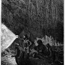 A group of men explores a sea cave in a rowboat, lighting the way with a lantern