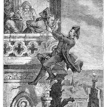 A man riding a bottle floats in mid-air and tries to make a man on a balcony follow him