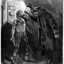 A man naked from the waist up is stopped by another holding up a lantern to his face