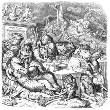 A wild dinner party is taking place, where animals kiss, dance, and greedily eat and drink