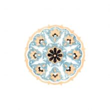 Circular ornament with blueish-gray background, orange border, and floral design