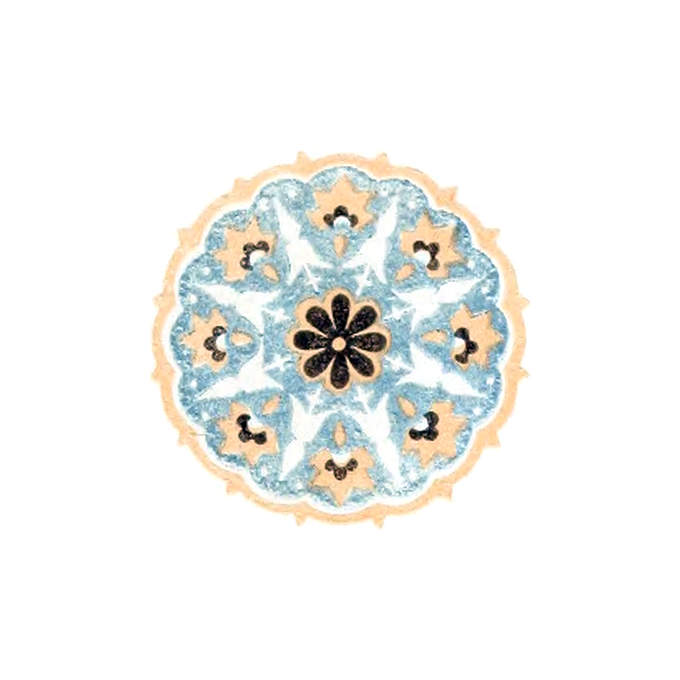 Circular ornament with blueish-gray background, orange border, and floral design