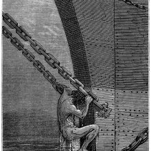 A man pulls himself up from the water using the chains of the ship