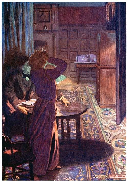 A woman stands clutching her head next to a man reading at a table. They look at the ajar door