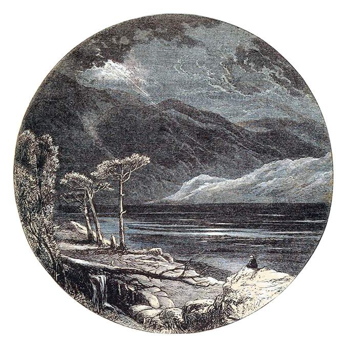 Mountainous landscape in stormy weather with a lake and a figure kneeling on a rock