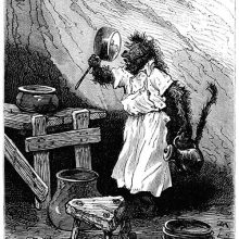 An orang-outang wearing an apron looks at its reflection on the bottom of a saucepan