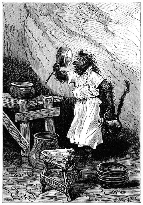 An orang-outang wearing an apron looks at its reflection on the bottom of a saucepan