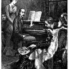 A man sitting at a piano with a music book open before looks at a woman to his right