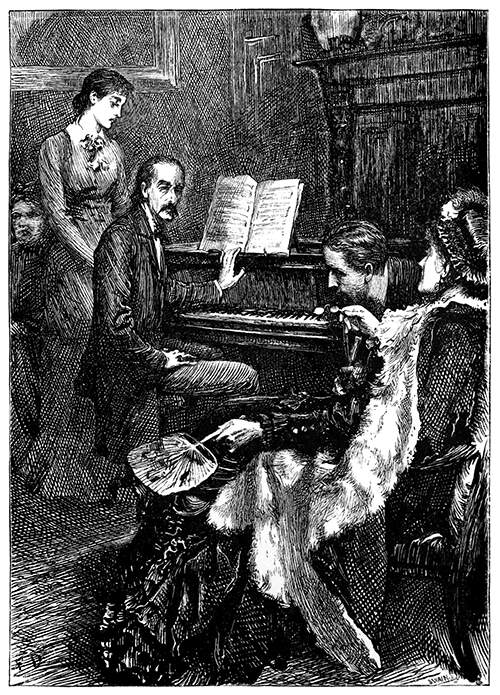 A man sitting at a piano with a music book open before looks at a woman to his right