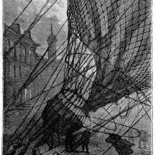 People are busy around a hot air balloon straining on its ropes