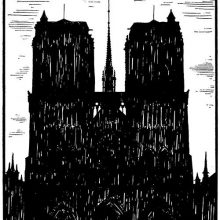 West front of Notre-Dame Cathedral silhouetted in black against the sky.