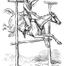 A horse and his rider are seen jumping a wooden fence
