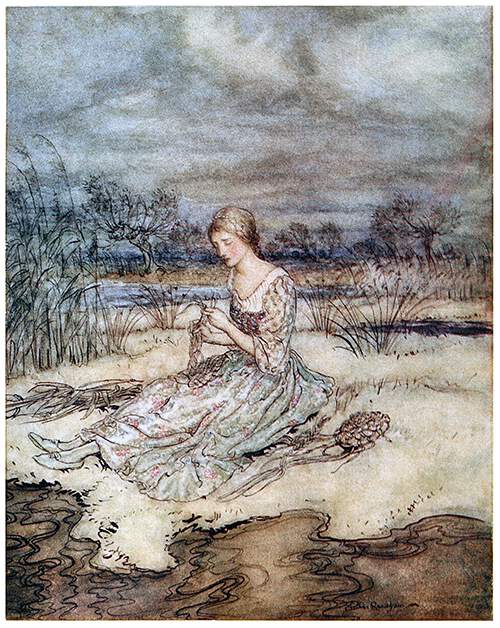 A young woman is sitting in a landscape of marshland, busy plaiting rushes