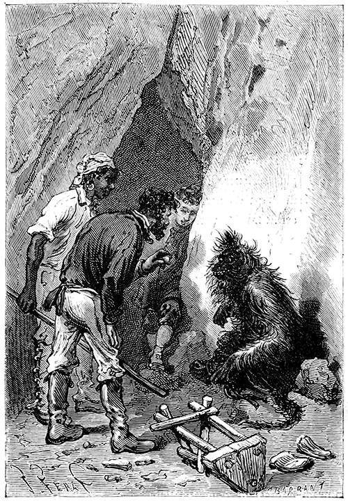 Three men are gathered around an orang-outang at the entrance of a cave
