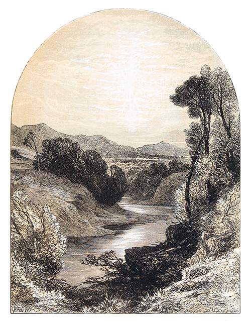 View of an open landscape with a river hemmed in by steep banks and hills on the horizon