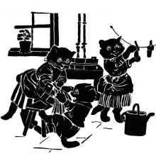 A kitten spills water from a bucket on another while a third one hangs laundry to dry