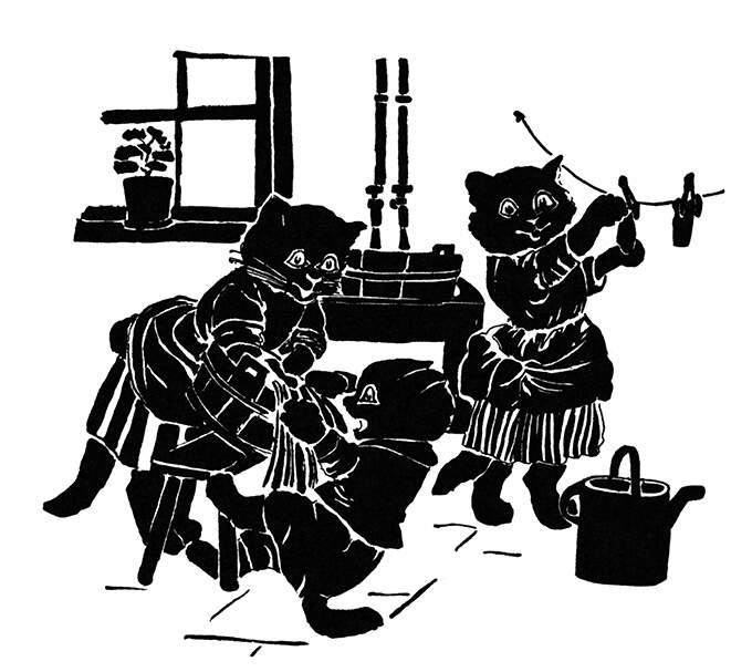 A kitten spills water from a bucket on another while a third one hangs laundry to dry