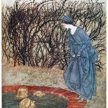 A woman stands at the edge of a well, talking to three heads floating in the water